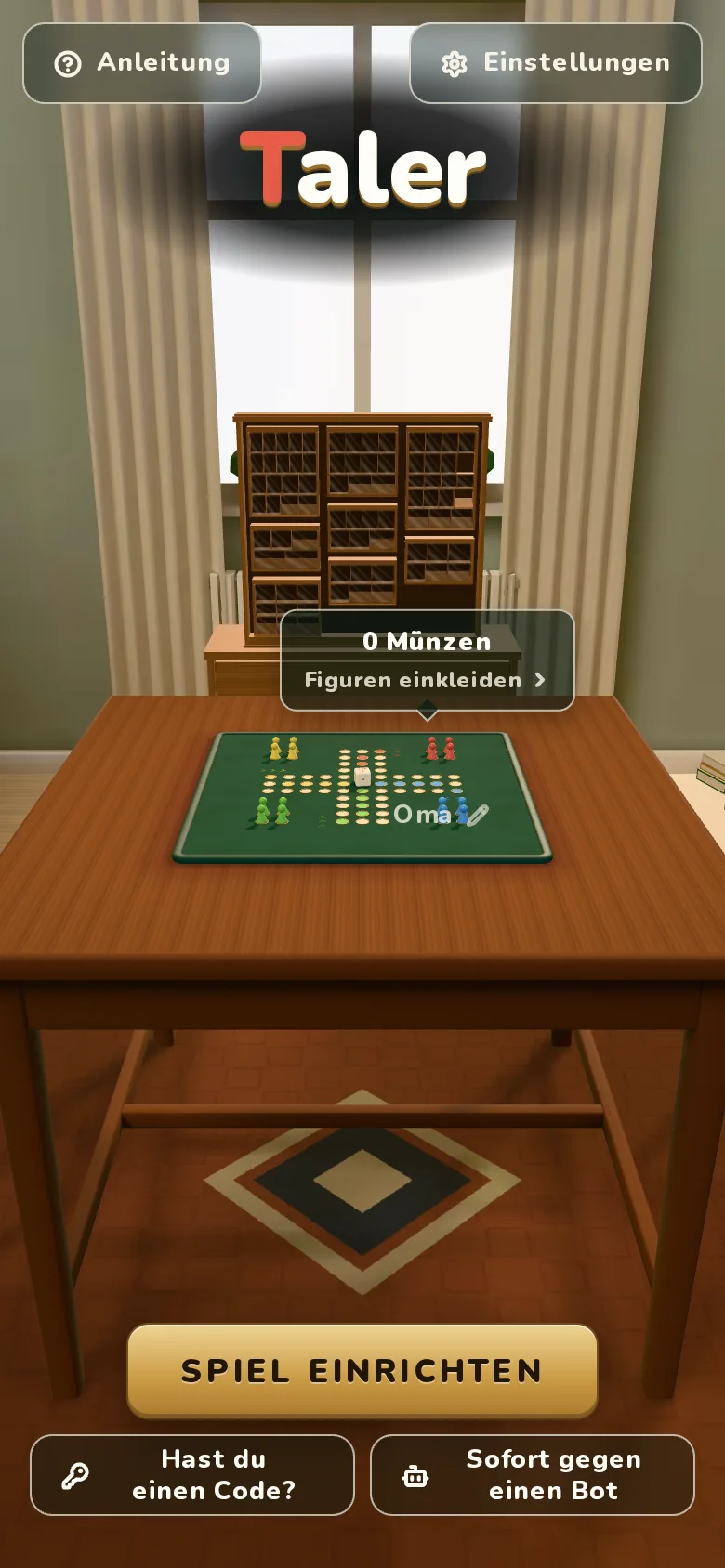 Omas Handy auf der Startseite des Spiels: ihr Name steht am Tisch, darunter Spiel einrichten.