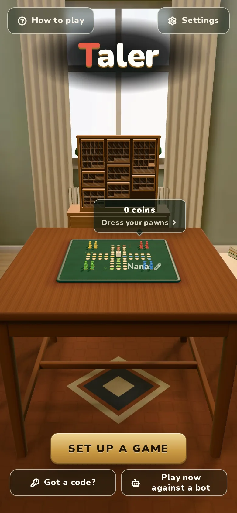 Nana's phone on the game's home: her name at the table, and Set up a game below.