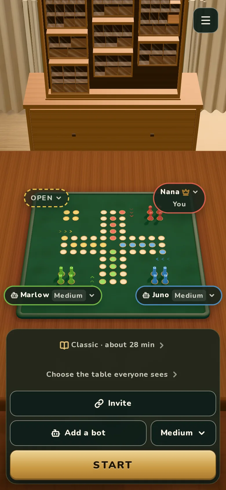 Nana's phone setting up a game: Nana at the table, two bots beside her, one seat free. Below, Invite, Add a bot and Start.