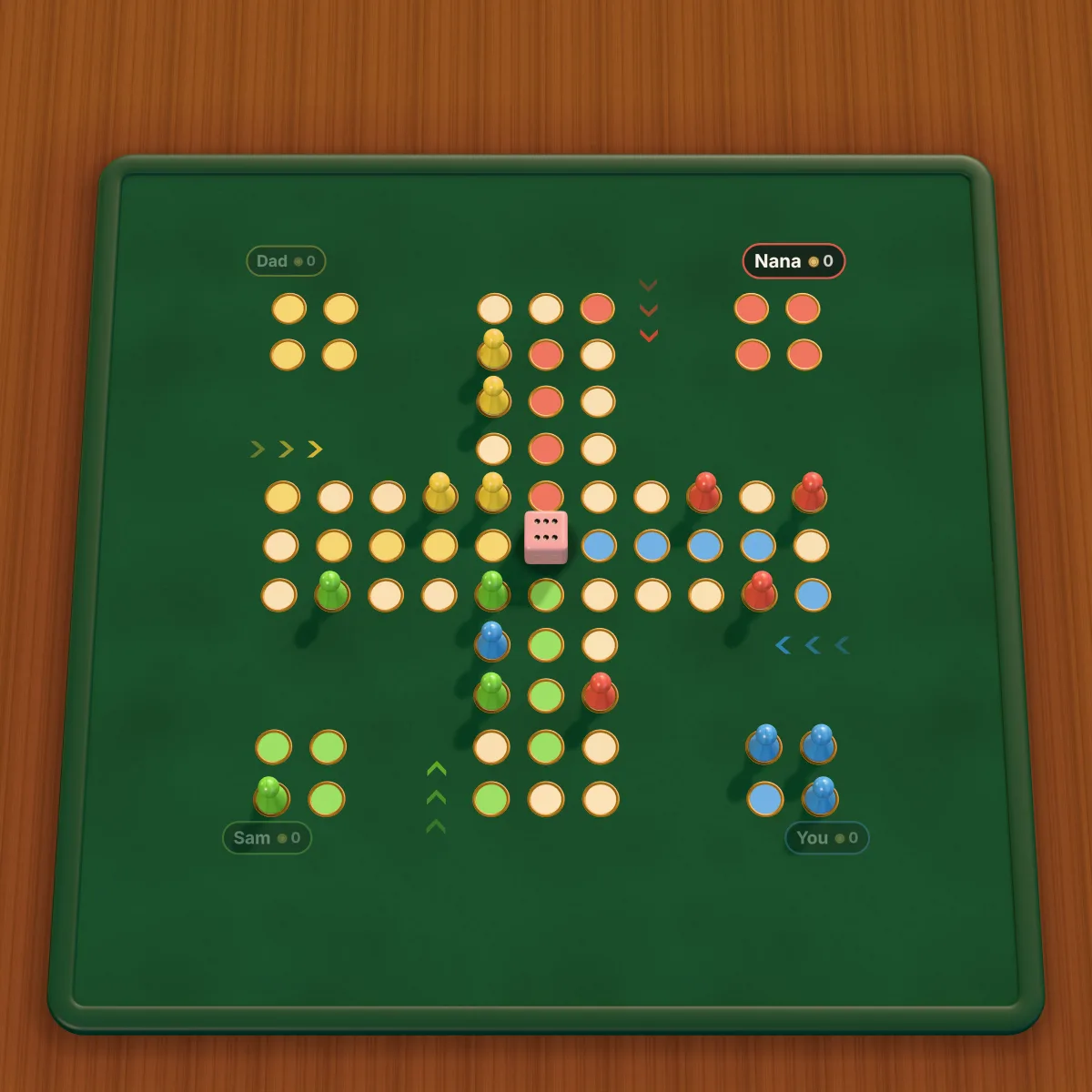A Taler table from above: the cross-shaped board on green felt, pieces in red, blue, green and yellow, and Nana, You, Sam and Dad at the corners